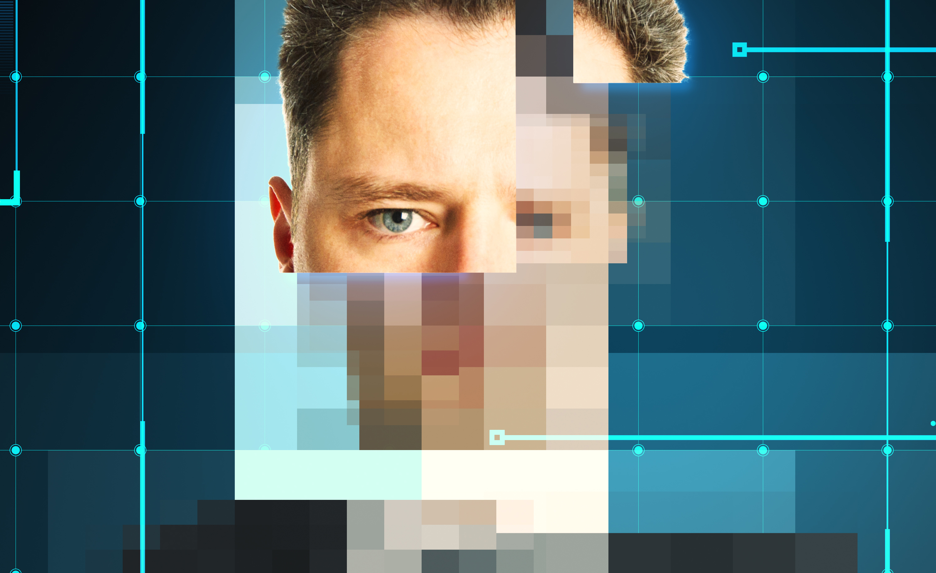 distorted, pixelated photo of man's face
