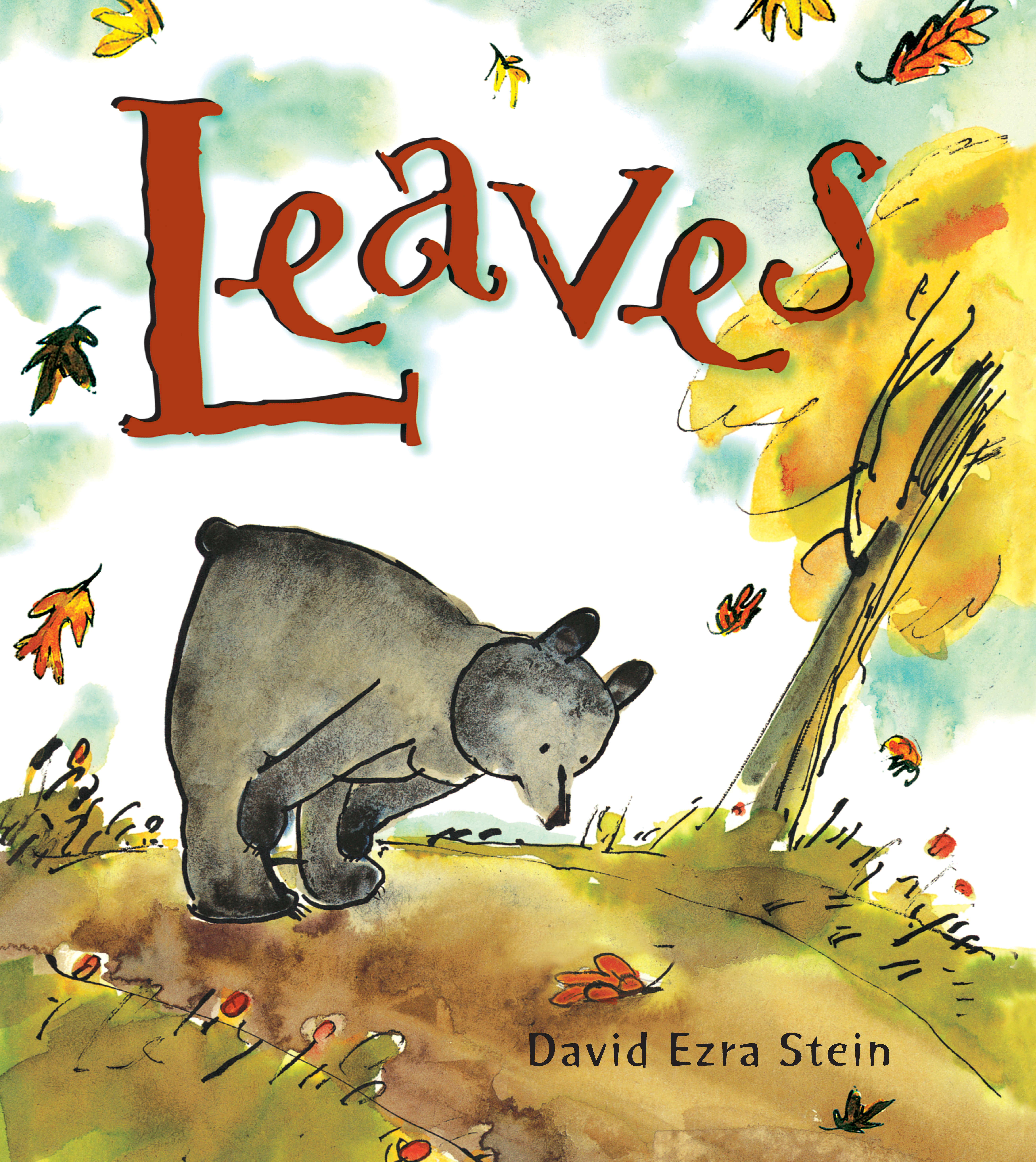 Cover for Leaves by David Ezra Stein showing a bear looking at leaves that have fallen off of a tree